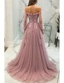 Gorgeous Long Tulle Pink Long Sleeved Prom Dress with Appliques