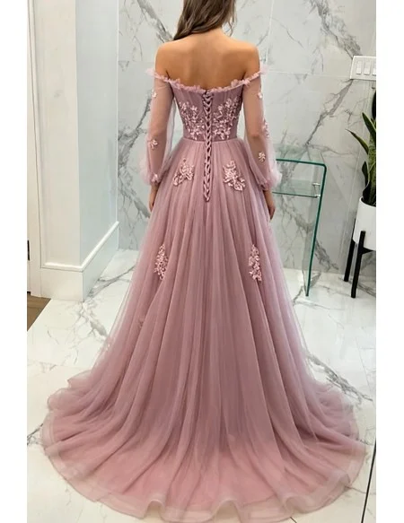 Gorgeous Long Tulle Pink Long Sleeved Prom Dress with Appliques