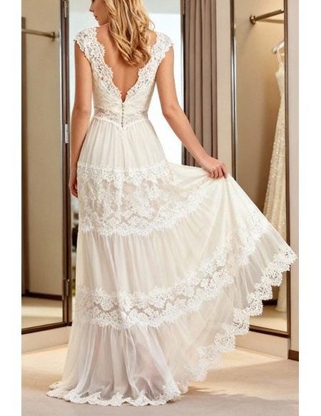 Exquisite White Lace Wedding Dress With Cap Sleeves And V-Neckline