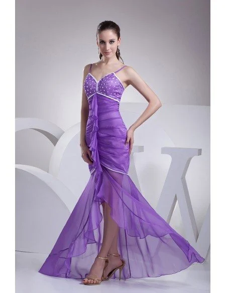 Pretty Purple Chiffon High Low Prom Dress with Spaghetti Straps