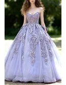 Princess Lavender Ball Gown Prom Dress Strapless with Lace Appliques and Bow Back