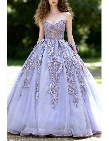 Princess Lavender Ball Gown Prom Dress Strapless with Lace Appliques and Bow Back