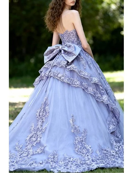 Princess Lavender Ball Gown Prom Dress Strapless with Lace Appliques and Bow Back