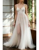 Lace Tulle Wedding Dress With Sheer Tulle Skirt And Spaghetti Straps