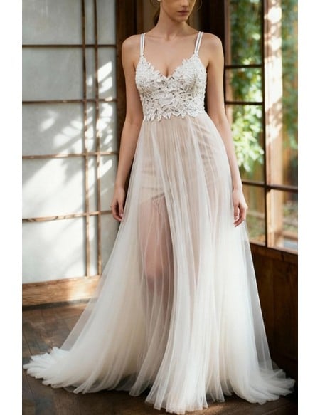 Lace Tulle Wedding Dress With Sheer Tulle Skirt And Spaghetti Straps