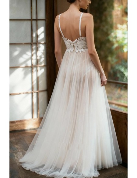 Lace Tulle Wedding Dress With Sheer Tulle Skirt And Spaghetti Straps