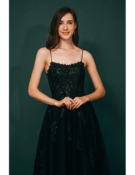 Sexy Open Back Tulle Lace Black Prom Dress with Slit Front