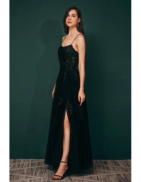 Sexy Open Back Tulle Lace Black Prom Dress with Slit Front