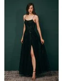 Sexy Open Back Tulle Lace Black Prom Dress with Slit Front