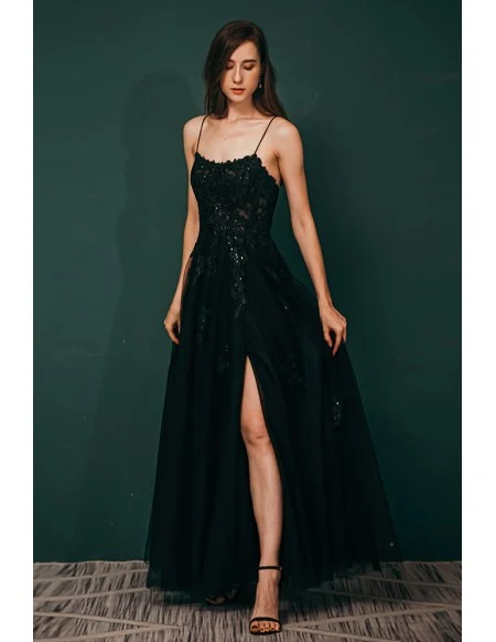 Sexy Open Back Tulle Lace Black Prom Dress with Slit Front