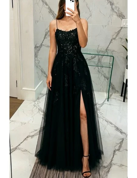 Sexy Open Back Tulle Lace Black Prom Dress with Slit Front