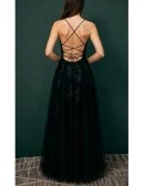 Sexy Open Back Tulle Lace Black Prom Dress with Slit Front