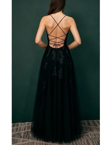 Sexy Open Back Tulle Lace Black Prom Dress with Slit Front