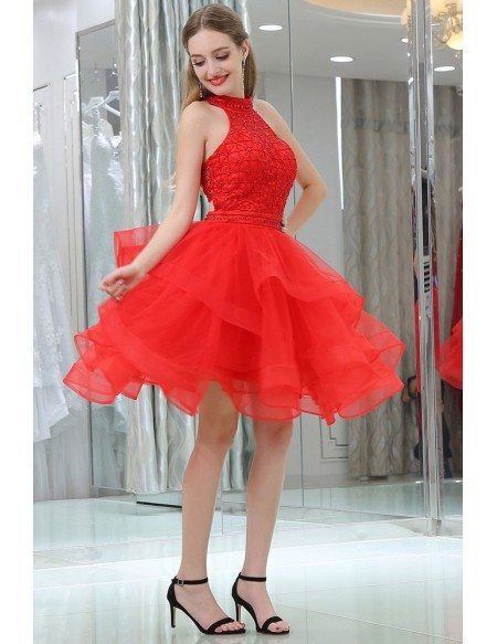 Hot Red Short Halter Layered Organza Prom Dress With Two Pieces