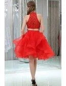 Hot Red Short Halter Layered Organza Prom Dress With Two Pieces