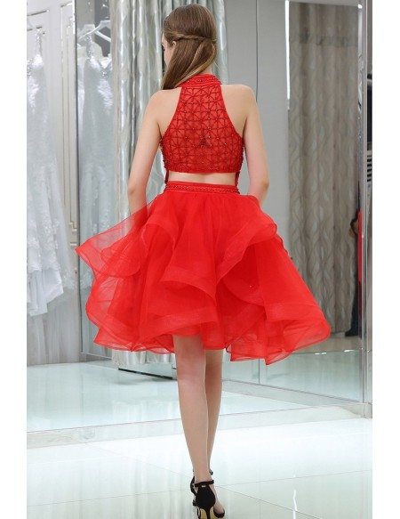 Hot Red Short Halter Layered Organza Prom Dress With Two Pieces