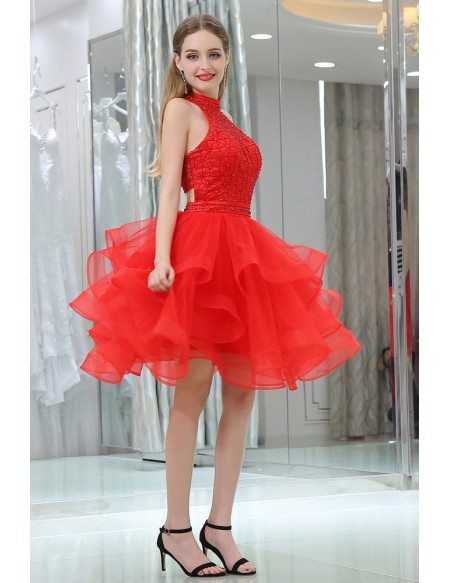Hot Red Short Halter Layered Organza Prom Dress With Two Pieces