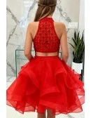Hot Red Short Halter Layered Organza Prom Dress With Two Pieces