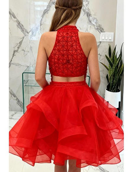 Hot Red Short Halter Layered Organza Prom Dress With Two Pieces