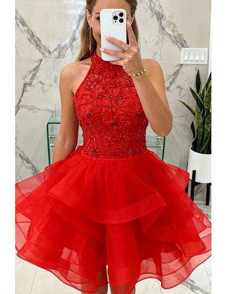 Hot Red Short Halter Layered Organza Prom Dress With Two Pieces