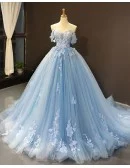 Beautiful Flowers Princess Blue Ballgown Prom Dress Off Shoulder
