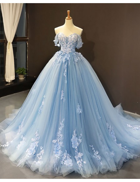 Beautiful Flowers Princess Blue Ballgown Prom Dress Off Shoulder