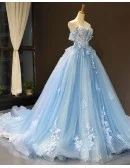 Beautiful Flowers Princess Blue Ballgown Prom Dress Off Shoulder