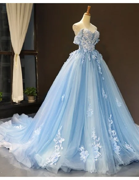 Beautiful Flowers Princess Blue Ballgown Prom Dress Off Shoulder