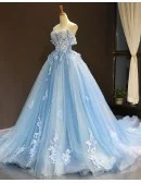 Beautiful Flowers Princess Blue Ballgown Prom Dress Off Shoulder