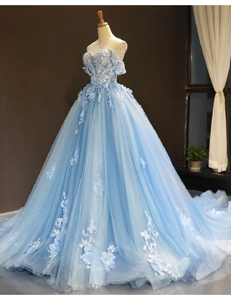 Beautiful Flowers Princess Blue Ballgown Prom Dress Off Shoulder