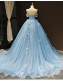 Beautiful Flowers Princess Blue Ballgown Prom Dress Off Shoulder