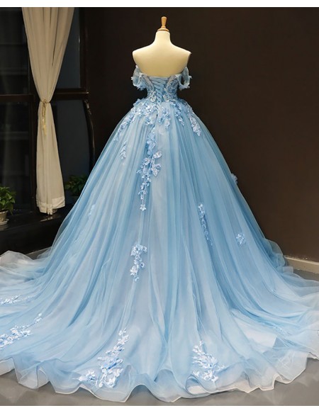 Beautiful Flowers Princess Blue Ballgown Prom Dress Off Shoulder