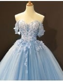 Beautiful Flowers Princess Blue Ballgown Prom Dress Off Shoulder