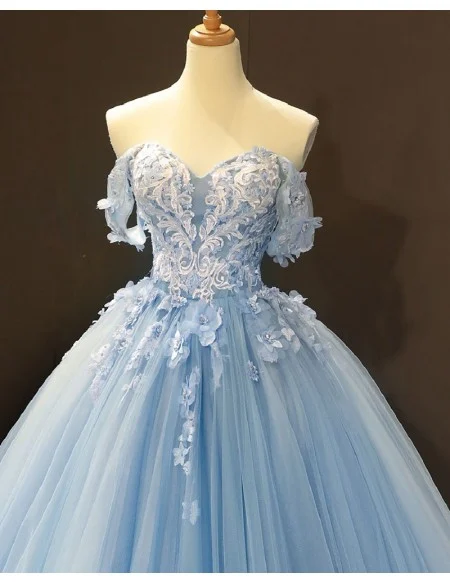 Beautiful Flowers Princess Blue Ballgown Prom Dress Off Shoulder