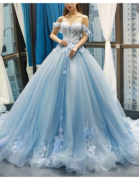 Beautiful Flowers Princess Blue Ballgown Prom Dress Off Shoulder