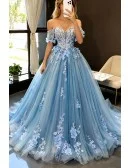 Beautiful Flowers Princess Blue Ballgown Prom Dress Off Shoulder