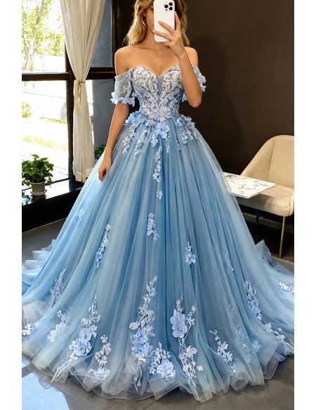 Beautiful Flowers Princess Blue Ballgown Prom Dress Off Shoulder