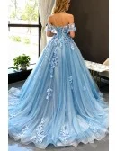 Beautiful Flowers Princess Blue Ballgown Prom Dress Off Shoulder