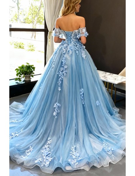 Beautiful Flowers Princess Blue Ballgown Prom Dress Off Shoulder