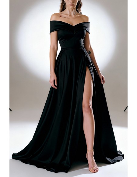 Elegant Simple Black Satin Off Shoulder Evening Dress With High Slit