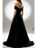 Elegant Simple Black Satin Off Shoulder Evening Dress With High Slit