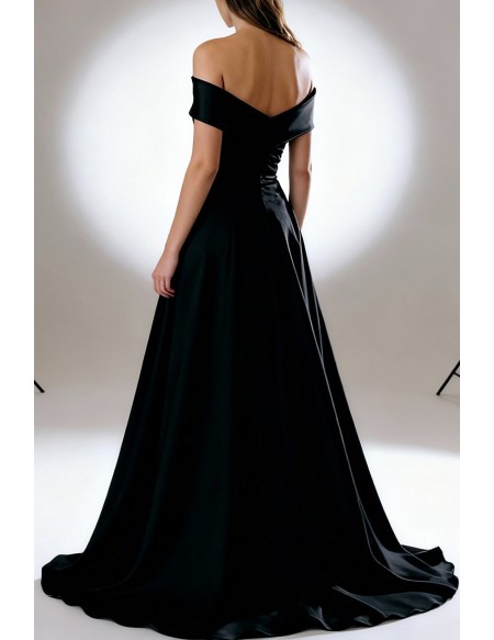 Elegant Simple Black Satin Off Shoulder Evening Dress With High Slit