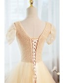 Sequined Ruffled Champagne Vneck Long Prom Dress With Short Sleeves