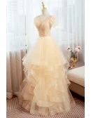 Sequined Ruffled Champagne Vneck Long Prom Dress With Short Sleeves