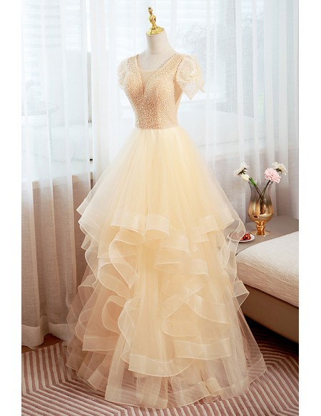 Sequined Ruffled Champagne Vneck Long Prom Dress With Short Sleeves