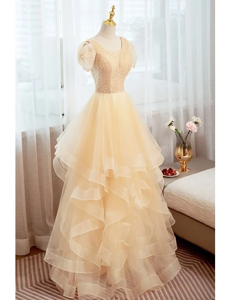 Sequined Ruffled Champagne Vneck Long Prom Dress With Short Sleeves