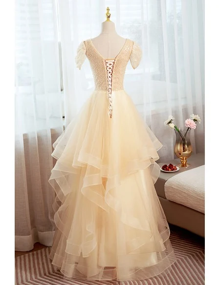 Sequined Ruffled Champagne Vneck Long Prom Dress With Short Sleeves
