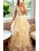 Sequined Ruffled Champagne Vneck Long Prom Dress With Short Sleeves