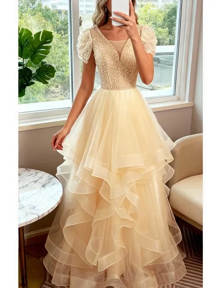 Sequined Ruffled Champagne Vneck Long Prom Dress With Short Sleeves