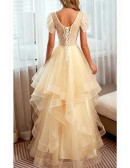 Sequined Ruffled Champagne Vneck Long Prom Dress With Short Sleeves